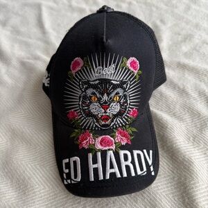 Ed Hardy Black Hat with Pink and White Design